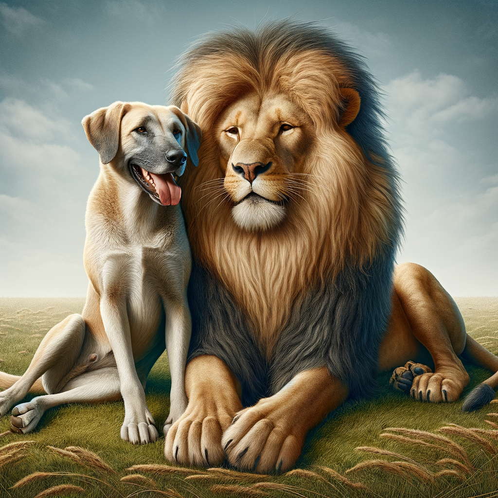 Generate me image where dog and lion sitting together like a friends