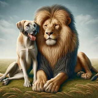 Generate me image where dog and lion sitting together like a friends