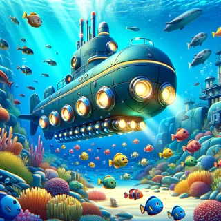 A clunky cartoon submarine exploring the ocean floor with blinking lights and friendly fish, undersea adventure theme