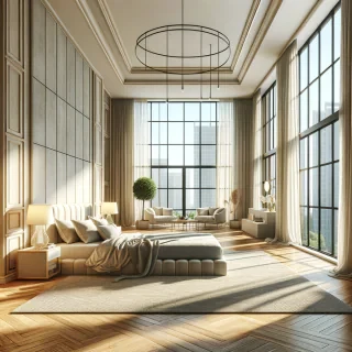 Generate an interior of a bedroom with floor to ceiling windows surrounding the room giving it' an airy and light feel