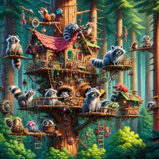 A group of adventurous raccoons in a treehouse filled with gadgets, cartoon style, rich forest background