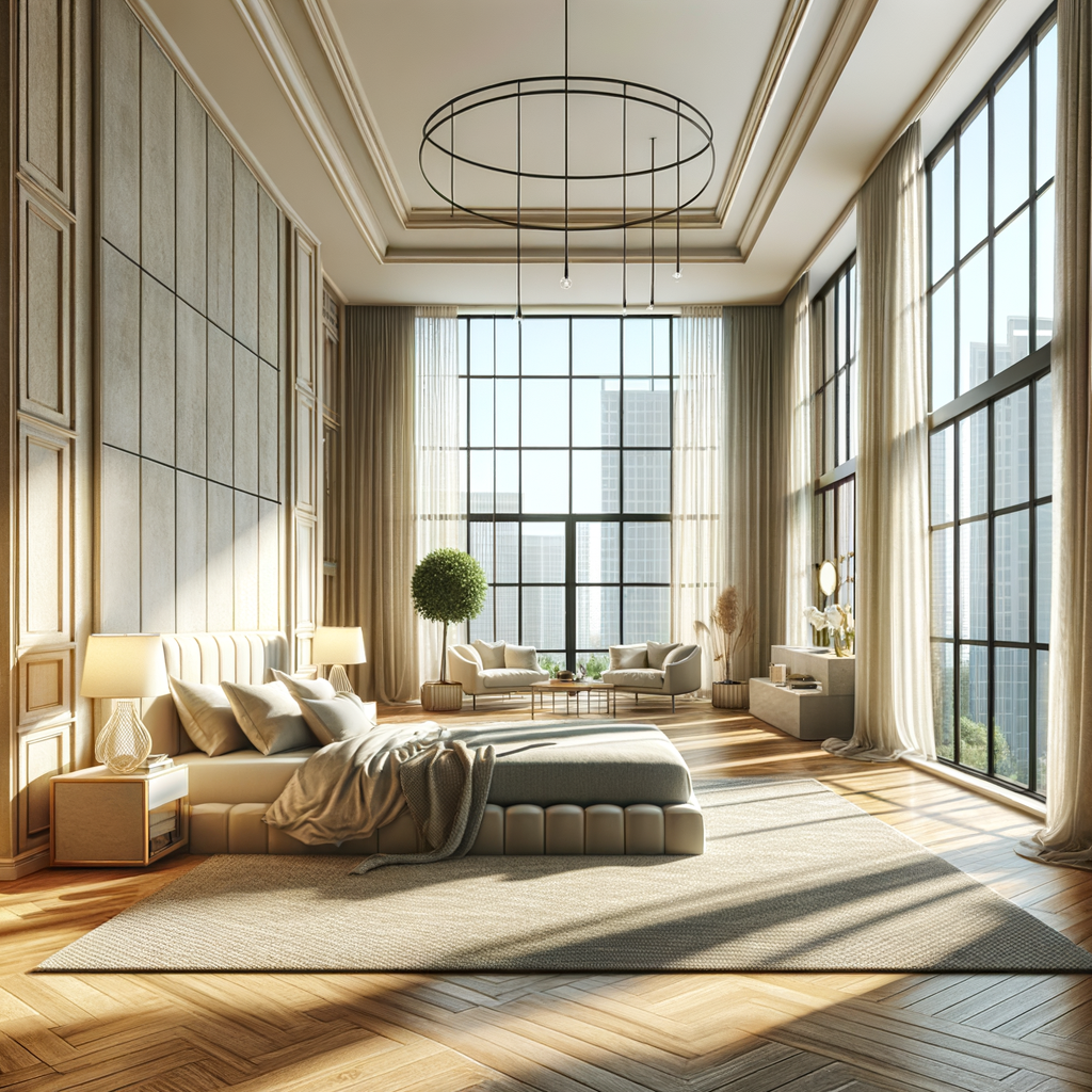 Generate an interior of a bedroom with floor to ceiling windows surrounding the room giving it' an airy and light feel
